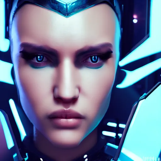 Image similar to evil cyberpunk attractive female villain, highly detailed, photorealistic portrait, bright studio setting, studio lighting, crisp quality and light reflections, unreal engine 5 quality render
