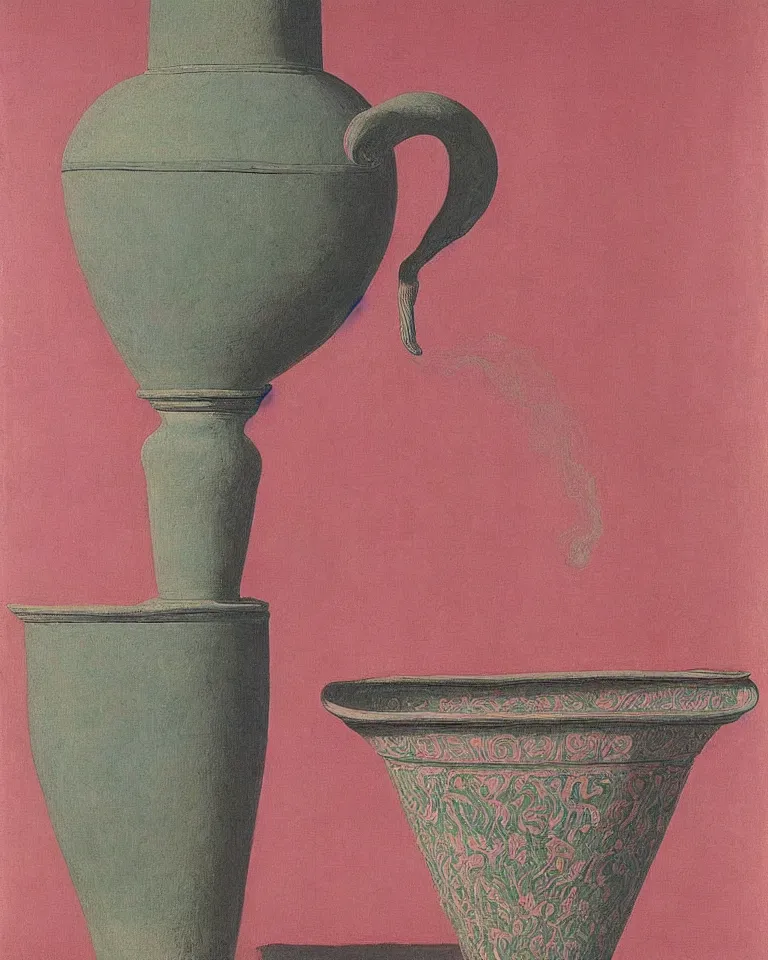 Prompt: achingly beautiful print of intricately painted ancient greek amphora on a pink background by rene magritte, monet, and turner.