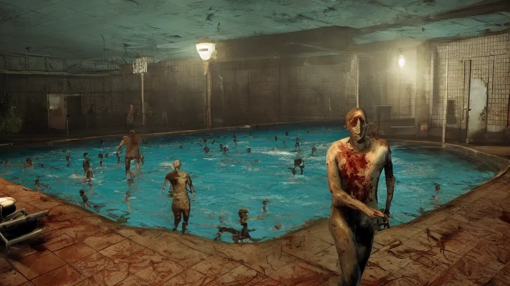 Prompt: Screenshot from Dead By Daylight at an indoor swimming pool