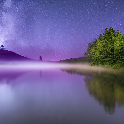 Prompt: Stunning 4K night photograph of a purple mist rolling over a lake.