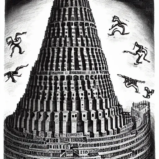 Image similar to the tower of babel, dark cartoon scene by charles addams