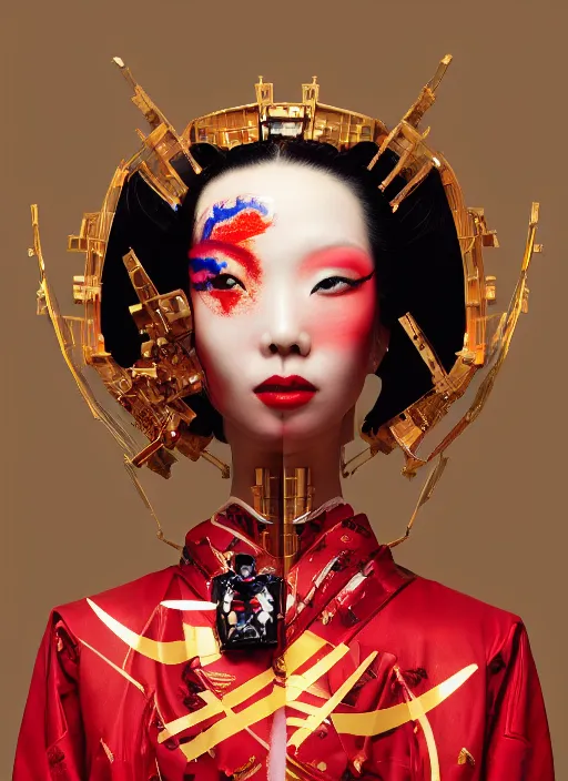 Prompt: portrait of a stylish futuristic geisha cyborg, with a red kimono with japanese golden signs written on it, kintsugi, modern fine art, fractal, intricate, elegant, highly detailed, digital photography, subsurface scattering, in the style of ghost, by jheronimus bosch and yue minjun and greg rutkowski,