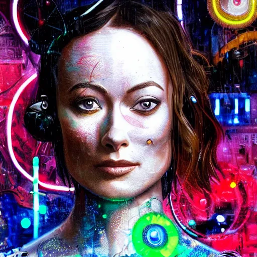 Prompt: close up portrait of olivia wilde as sherlock Holmes with has an epic idea, pixar style, stylized face, intricate detail, digital painting, gears, watches, steampunk, glowing orange eyes, biomechanical, neon colors, cyberpunk, trash polka, raining, faded green, particles floating, industrial background by marc simonetti + wlop, artwork by ross tran + ramond swanland + liam wong +mike winklemann + wlop