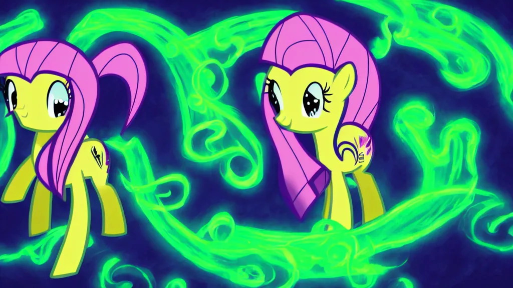 Prompt: Fluttershy from My Little Pony as a necromancer, bright green swirls around her, glowing aura, black background, dramatic and colorful lighting, she is surrounded by cute chibi glowing skulls, 4k, HDR