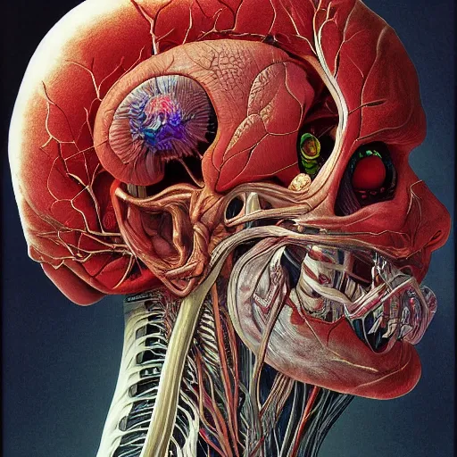 Image similar to nightmare etherreal iridescent vascular nerve bundles pearlescent spinal chord horror by naoto hattori, zdzislaw, norman rockwell, studio ghibli, anatomical cutaway