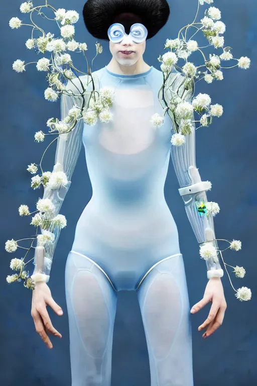 Image similar to symmetrical portrait of a woman wearing a blue embroidered translucent silicone mask and white frizzy hair buns, wearing a black bodysuit by alexander mcqueen, standing in a sterile room full of translucent silicone white flowers and plants, white background, soft diffused light, biotechnology, humanoide robot, futuristic aesthetic, translucent, ethereal, intricate details, highly detailed, masterpiece,