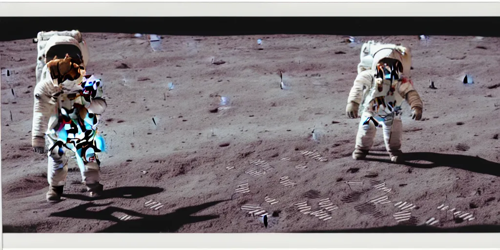 Image similar to polaroid photo of spaceman landing on the moon