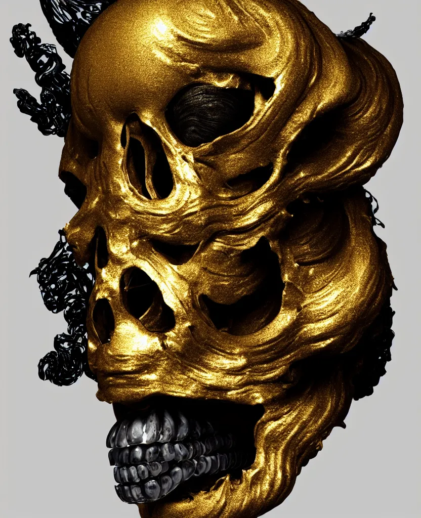 Image similar to fully black background. background hex 000000. goddess princess face close-up portrait ram skull. sculpture made of gold and black charcoal. jellyfish phoenix head, nautilus, orchid, skull, betta fish, bioluminiscent creatures, intricate artwork by Tooth Wu and wlop and beeple. octane render, trending on artstation, greg rutkowski very coherent symmetrical artwork. cinematic, hyper realism, high detail, octane render, 8k