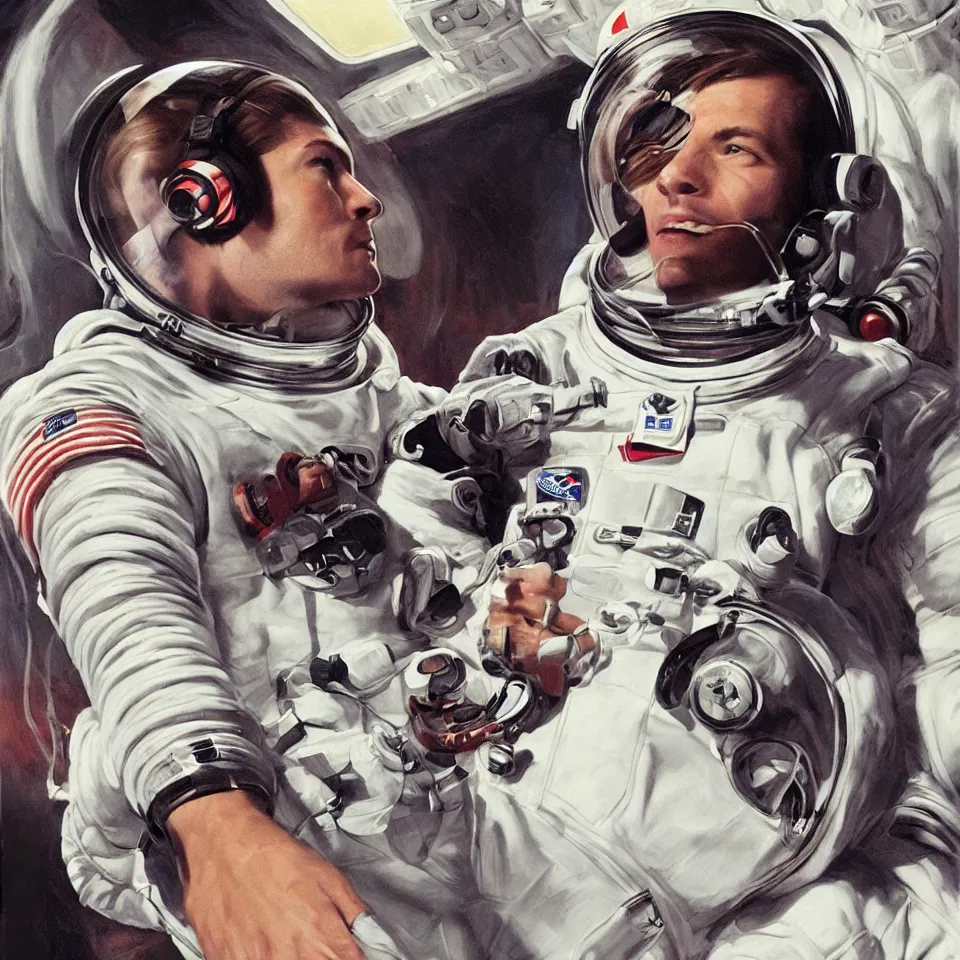 Prompt: a portrait of a single astronaut wearing a headphone, beautiful, cinematic, art by alex ross