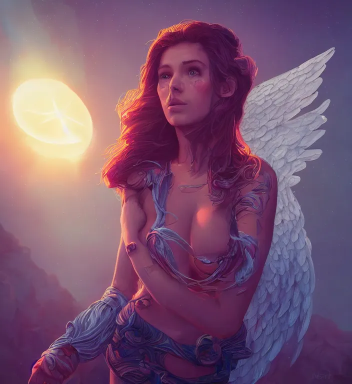 Image similar to centered waist up portrait photography an angel + glowing outlines, bokeh + DOF + 8k, photorealistic + rendered in unreal engine + composition by Peter Mohrbacher + line work by Dan Mumford , ultra realistic + backlit + strong rimlight, sunset + HDRI, HD, Photoreal