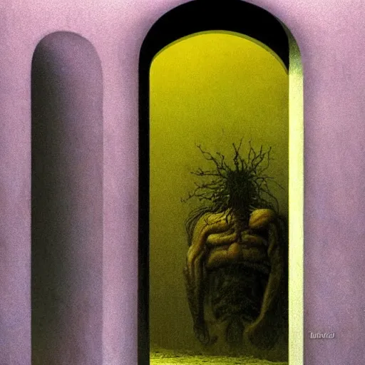 Image similar to a grinning giant looking inside someones house through the door hyper realistic in the style of zdzisław beksinski