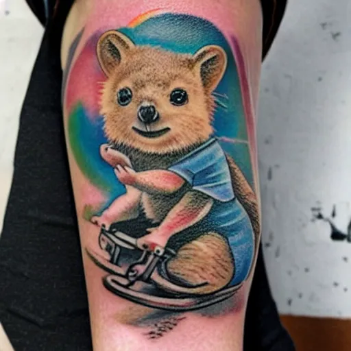 Prompt: a tattoo of a quokka riding a bicycle