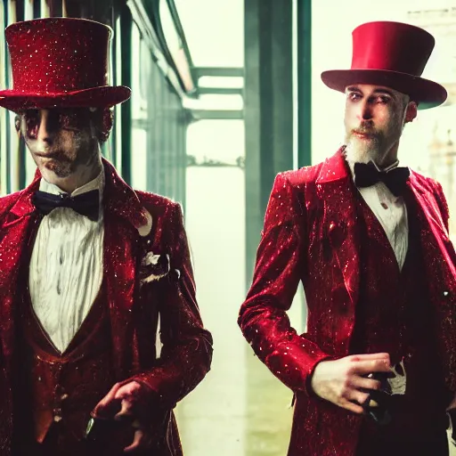 Prompt: cinestill 5 0 d candid photographic portrait by david cronenberg of baroque steampunk cyborg gentleman wearing a red edwardian suit and top hat, floral growths, modern cyberpunk moody emotional cinematic, closeup, pouring rain menacing lights shadows, 8 k, hd, high resolution, 3 5 mm, f / 3 2, ultra realistic faces, ex machina