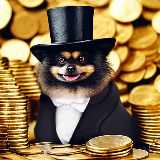 Image similar to A pomeranian wearing a top-hat and a monocle, sitting on top of a large pile of gold coins