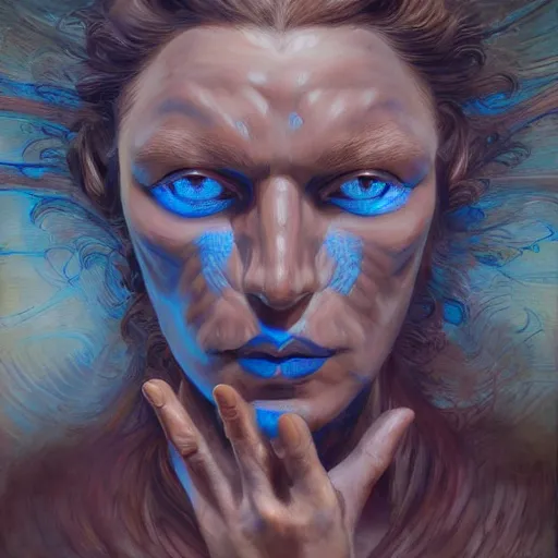 Prompt: detailed face of a woman with blue eyes in a biomorphic courtyard with dna sculptures at a science expo, atmospheric, ambient, pj crook, syd mead, livia prima, artgerm, greg rutkowski, nick alm, casey baugh