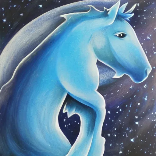 Image similar to a blue horse in space