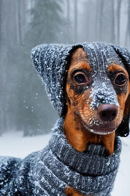 Prompt: beautiful photo of a dappled dachshund with sweater playing in a snow forest in the early hours of the morning with morning fog and snow. sunrise. nature. photography. national geographic. detailed face and fur, ultra hd, sharp. volumetric lighting, hasselblad. nikon z 9. 1 0 0 mm. f / 2. 5