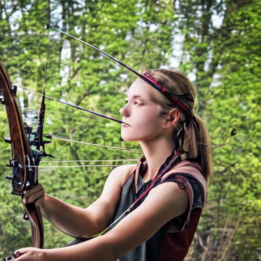 Image similar to photography of archery girl, bow hunting women, archerty with bow and arrows, uhd 8 k, highly detailed, very realistic