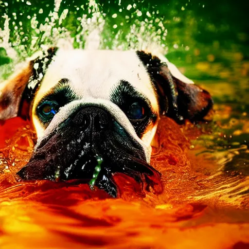 Image similar to dog swimming in green acid, 4k animal photography award-winning