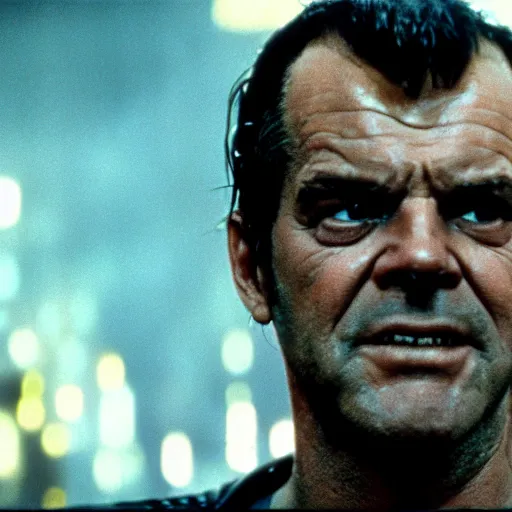 Image similar to 30 year old Jack Nicholson as Rick Deckard on blade runner 1982, movie still, in color, movie frame, detailed face, symmetrical face, 4k