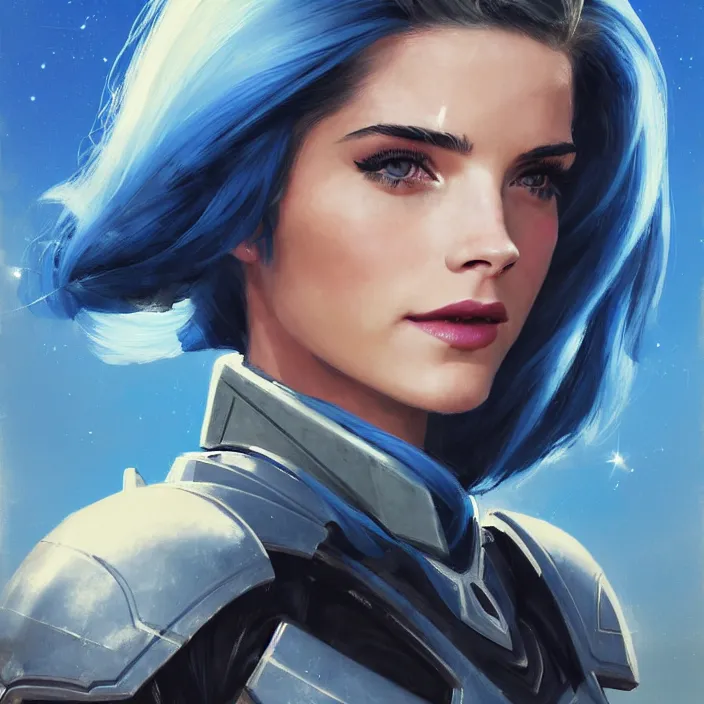 Image similar to portrait of a combination of Ashley Greene, Adriana Dxim, Grace Kelly and Emma Watson with blue hair wearing Interceptor's armor from Anthem, countryside, calm, fantasy character portrait, dynamic pose, above view, sunny day, thunder clouds in the sky, artwork by Jeremy Lipkin and Giuseppe Dangelico Pino and Michael Garmash and Rob Rey and Greg Manchess and Huang Guangjian, very coherent asymmetrical artwork, sharp edges, perfect face, simple form, 100mm