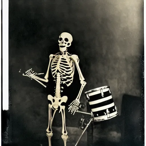 Image similar to skeleton drummer, wild, flash polaroid photo by george hurrell,