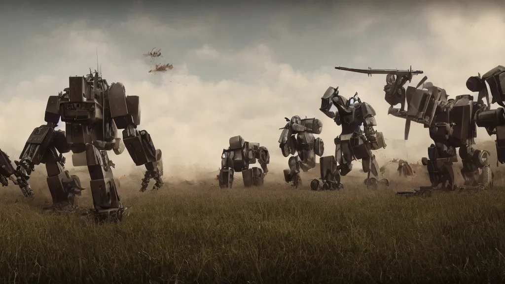 Image similar to 1920's battle in the countryside between bipedal mechs, octane render, 8k