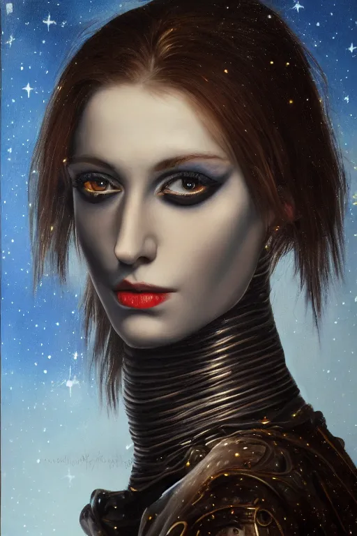 Image similar to hyperrealism oil painting, close - up portrait of european medieval brunette vampire fashion model, knight, steel gradient mixed with nebula sky, in style of baroque