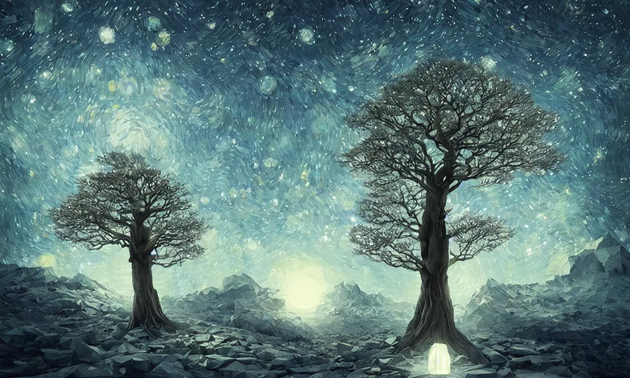 Image similar to a beautiful artwork of a tree with low poly crystal diamond leaves, starry night sky, translucid, pretty lights, pristine marble trunk, elegant, highly detailed, artstation, concept art, matte, sharp focus, art by tom bagshaw, kelogsloops and greg rutkowski