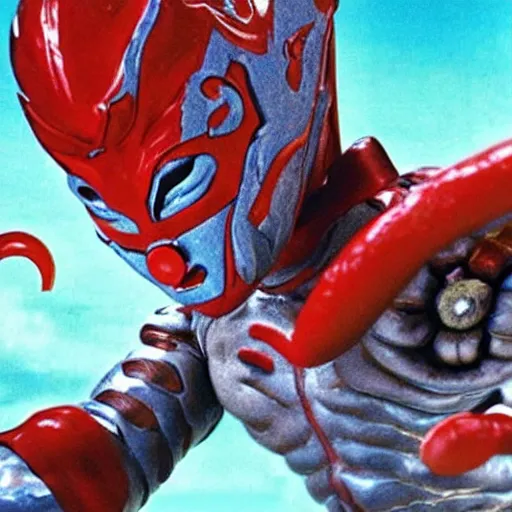 Image similar to ultraman fighting with a huge worm monster