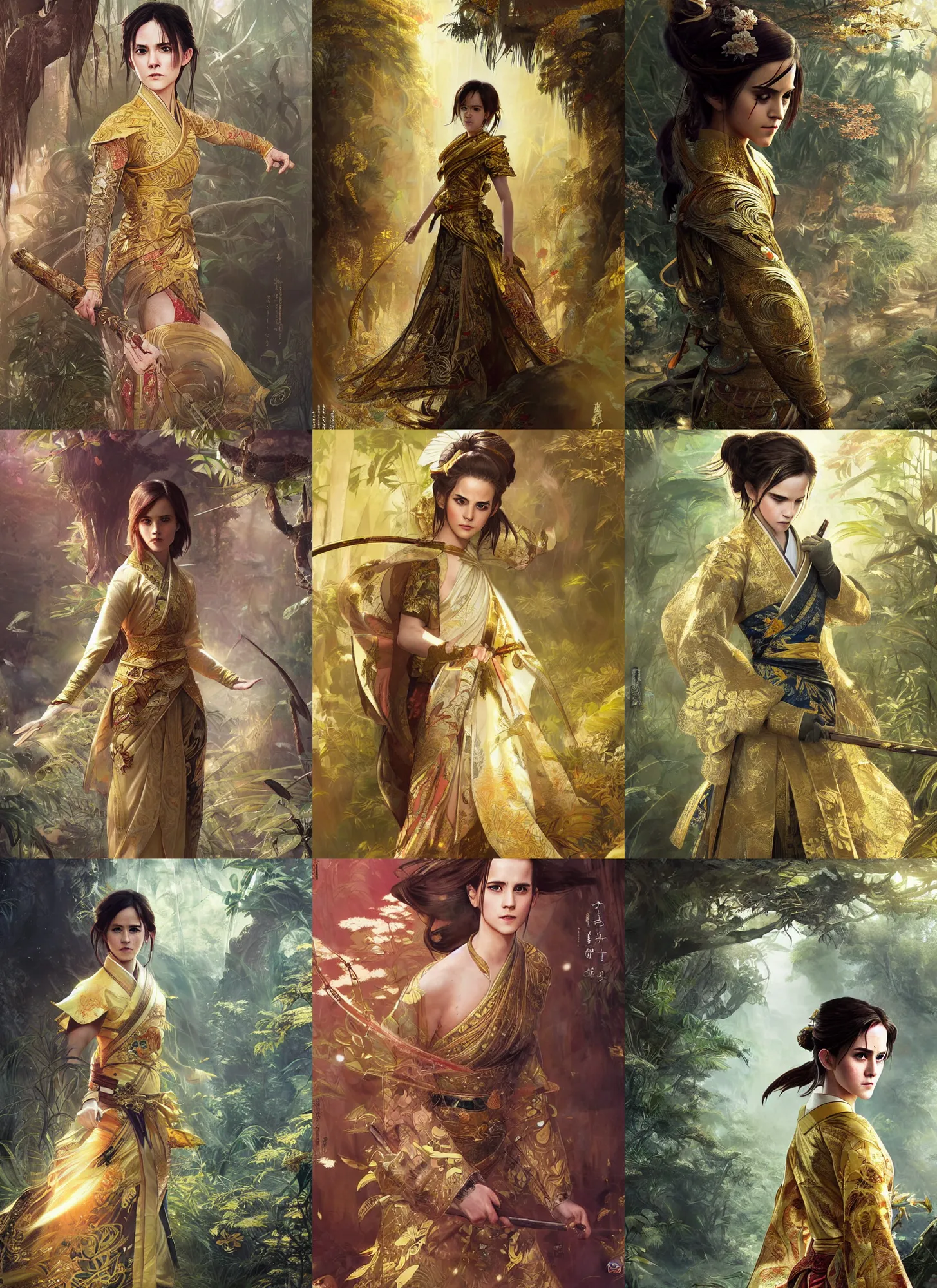 Prompt: asian emma watson wearing golden furisode, full shot, jungle background, intricate, highly detailed, concept art, sharp focus, illustration, aleksi briclot, rutkowski, mucha