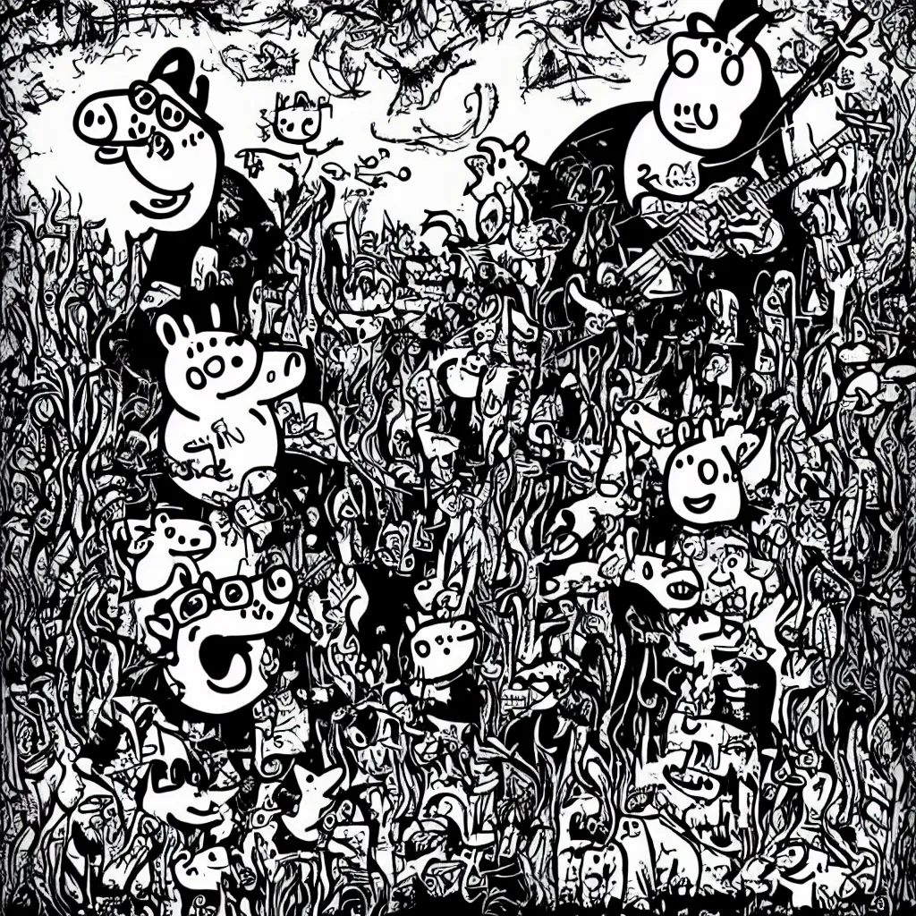 Image similar to Peppa the pig in a black metal band