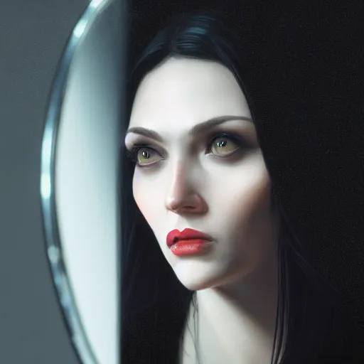 Prompt: portrait of a vampire woman staring into a mirror, realistic, 8 k, extremely detailed, cgi, trending on artstation, hyper - realistic render, 4 k hd wallpaper, premium prints available, by greg rutkowski