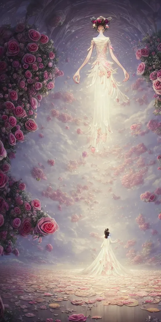 Image similar to the beautiful hyper detailed of a rose wedding dress clothing design display in the fairyland surrounded by white clouds, in the style of makoto shinkai victo ngai and peter mohrbacher studio ghibli artgerm karol bak beeple, animation style, 8 k hd, dream, ultra wide angle, animation style, 3 drender, hyperdetailed