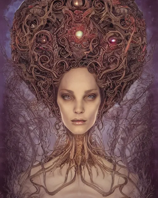 Image similar to a beautiful detailed front view portrait of a dead rotten princess with ornate growing around, ornamentation, elegant, beautifully soft lit, by wayne barlowe, peter mohrbacher, kelly mckernan