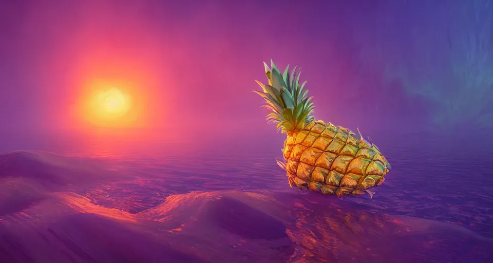 Image similar to a beautiful painting of a dreamscape fish pineapple, octane render, brilliantly coloured, intricate, ultra wide angle, trending on artstation, dusk, volumetric lighting, polished, micro details, ray tracing, 8k