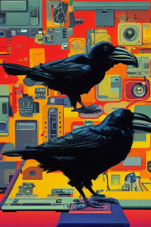 Image similar to a raven investigating 8 0 s era technology, vintage shapes, retro technology, happy color, wayne barlow, oil on canvas, deep depth of field, masterpiece, cinematic composition, hyperdetailed