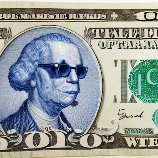 Prompt: currency design like a dollar bill, blue, with the design of an apricot poodle dog with a cigar and glasses printed on currency paper, currency symbols printed, highly detailed, realistic, octane render, uplight,