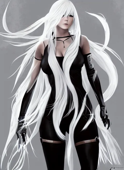 Image similar to A2 from nier automata, long white hair, slim build, fair skin, dynamic pose, smooth, high detailed, artstation, digital illustration, splash art, fanart by artgerm