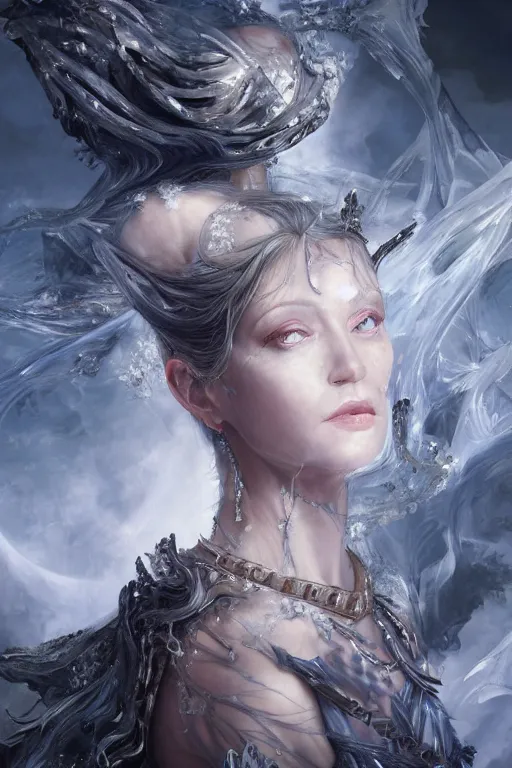 Prompt: fantasy character concept portrait, digital painting, wallpaper of a goddess, crystallized skin, with veins of obsidian and silver, renaissance nimbus overhead, by aleksi briclot, by laura zalenga, by alexander holllow fedosav, 8 k dop dof hdr, vibrant