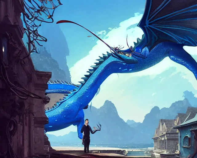 Image similar to highly detailed portrait of a blue flying dragon, in gta v, stephen bliss, unreal engine, fantasy art by greg rutkowski, loish, rhads, ferdinand knab, makoto shinkai and lois van baarle, ilya kuvshinov, rossdraws, tom bagshaw, global illumination, radiant light, detailed and intricate environment