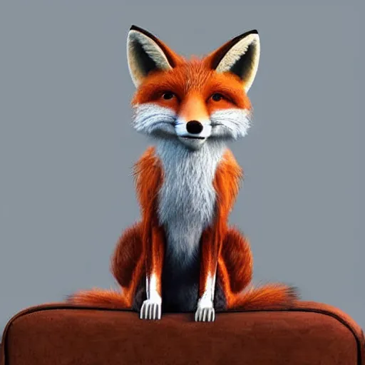 Image similar to an anthropomorphic fox wearing a t-shirt and leans, sitting on a couch