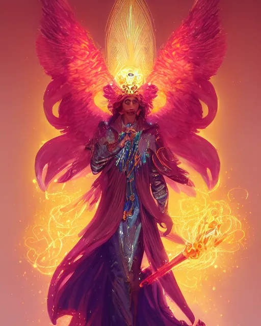 Image similar to a character portrait of only one male angel of justice with golden fiery wings, surrounded with spiriling sparkling rose crystals, by peter mohrbacher, hyper light drifter, by ilya kuvshinov katsuhiro, jim burns, wadim kashin, greg rutkowski, trending on artstation