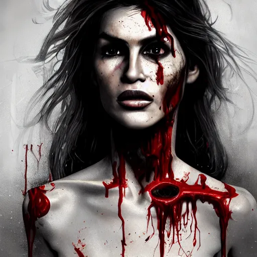 Prompt: portrait of young cindy crawford as a zombie with blood on face, 7 days to die zombie, strong golden rimlight, fine art, award winning, intricate, elegant, sharp focus, cinematic lighting, highly detailed, digital painting, 8 k concept art, art by guweiz and z. w. gu, masterpiece, trending on artstation, 8 k