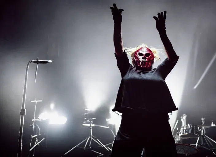 Image similar to publicity photo still of martha stewart in slipknot playing live on stage, 8 k, live concert lighting, mid shot