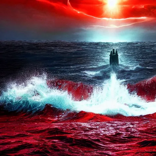 Image similar to anti - christ rising from a red ocean. ominous. vivid color detailed photograph from a 2 0 2 0 s blockbuster vfx horror movie. a small capsized boat in the background.