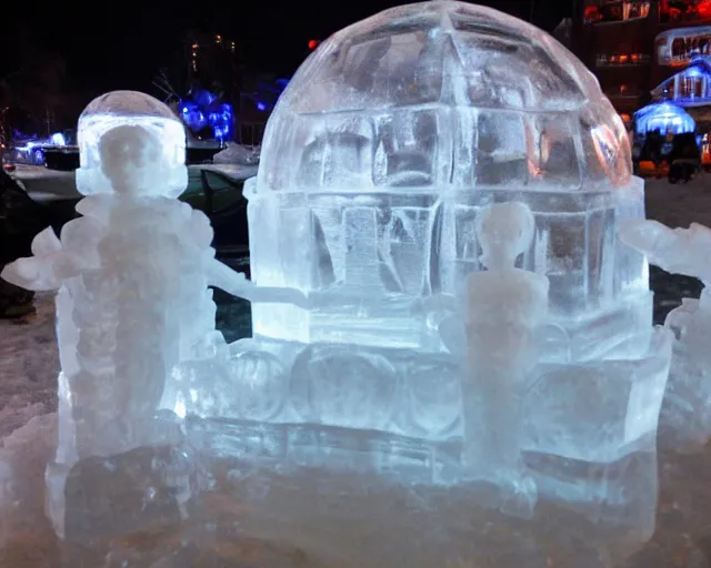 Image similar to ice sculpture. there is a little blonde boy inside a robot made of ice. the ice sculpture is a mecha inspired igloo.