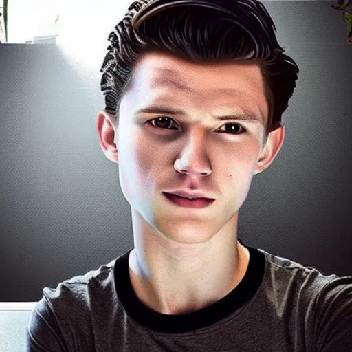 Image similar to “a realistic detailed photo of a guy who is an attractive humanoid who is half robot and half humanoid, who is a android, Tom Holland, shiny skin”