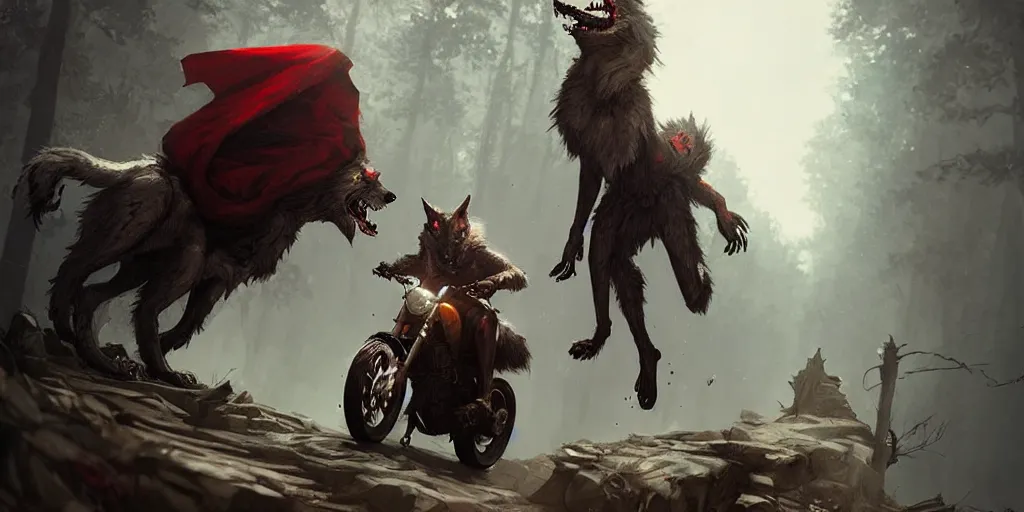 Prompt: Crazy werewolf with crazy red riding hood riding motorbikes, level design, Greg Rutkowski, artstation, CGSociety, Unreal Engine, matte paiting, ultra realistic, award winning, artstation, unreal render