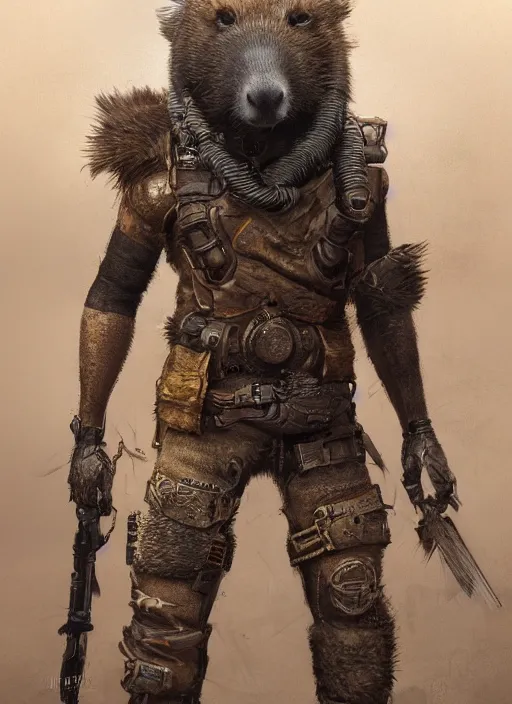 Image similar to detailed full body concept art illustration oil painting of an anthropomorphic capybara mad max in full intricate clothing, biomutant, dystopian, ultra detailed, digital art, octane render